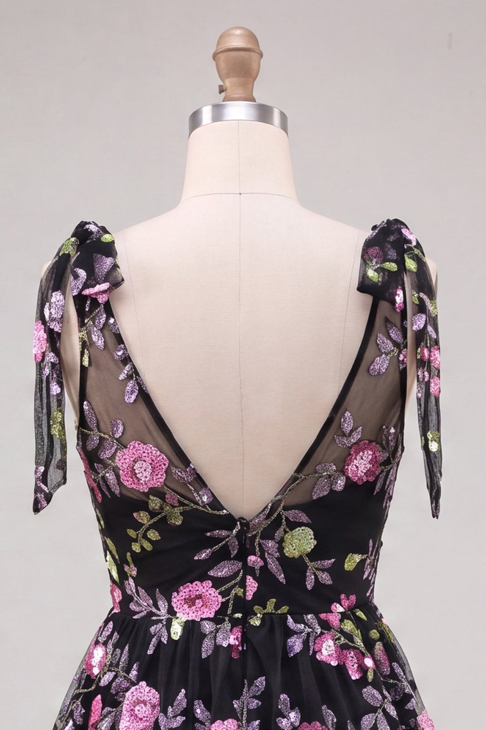 Sparkly Sequin Floral Black Short Homecoming Dress with Bows
