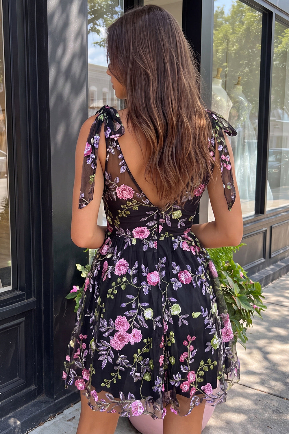 Sparkly Sequin Floral Black Short Homecoming Dress with Bows