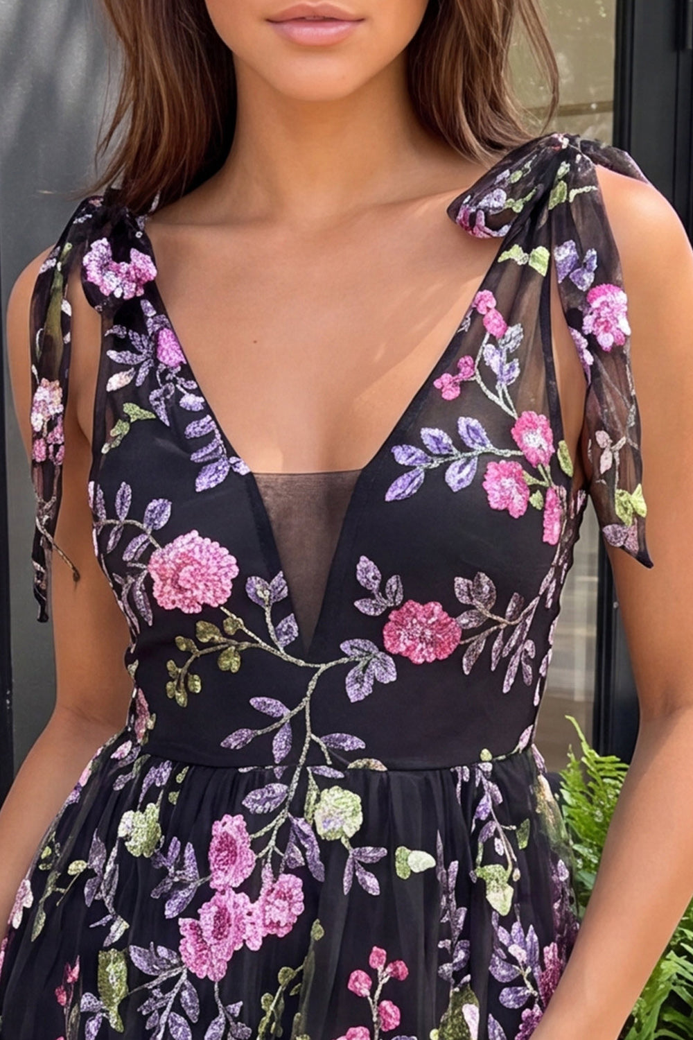 Sparkly Sequin Floral Black Short Homecoming Dress with Bows