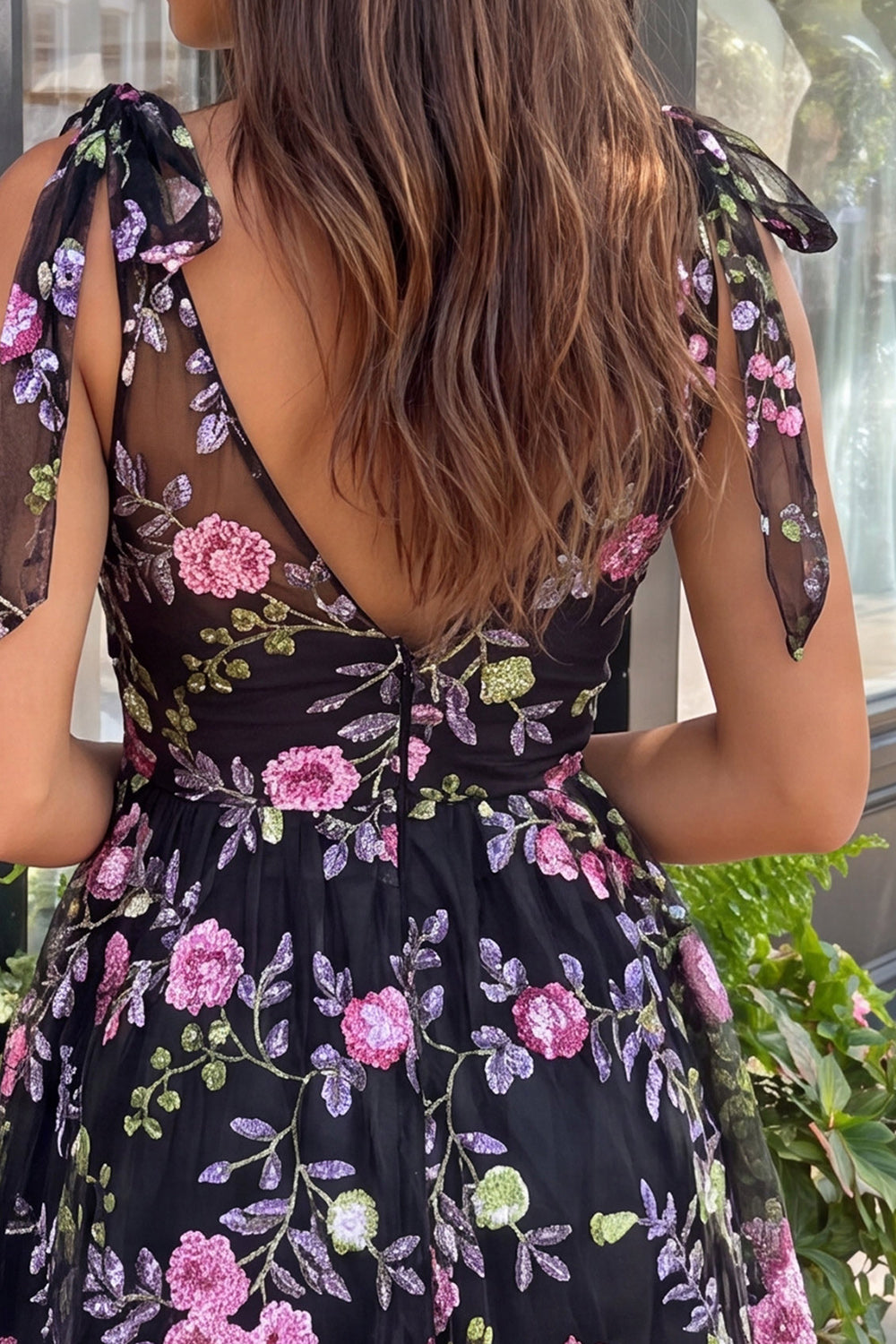 Sparkly Sequin Floral Black Short Homecoming Dress with Bows