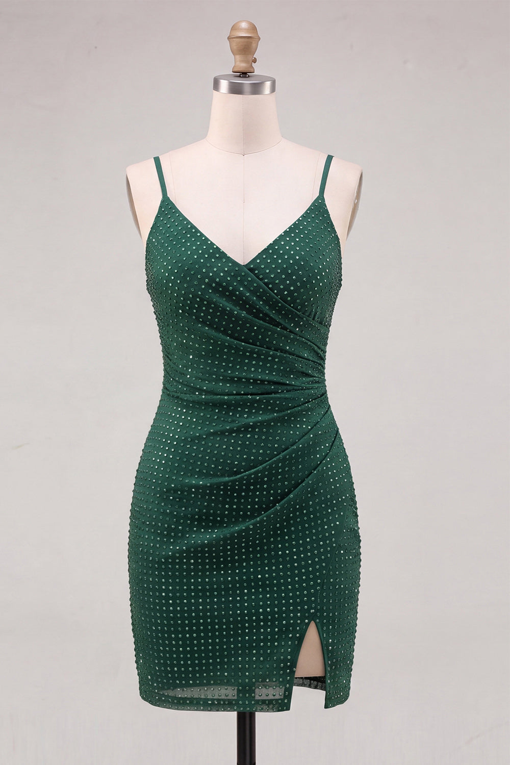 Dark Green Sparkly Short Beaded Tight Homecoming Dress with Slit
