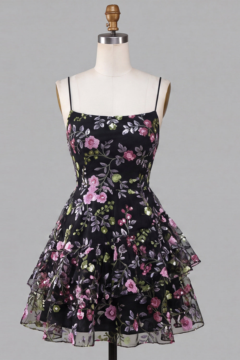 Black Floral A Line Tiered Short  Short Homecoming Dress