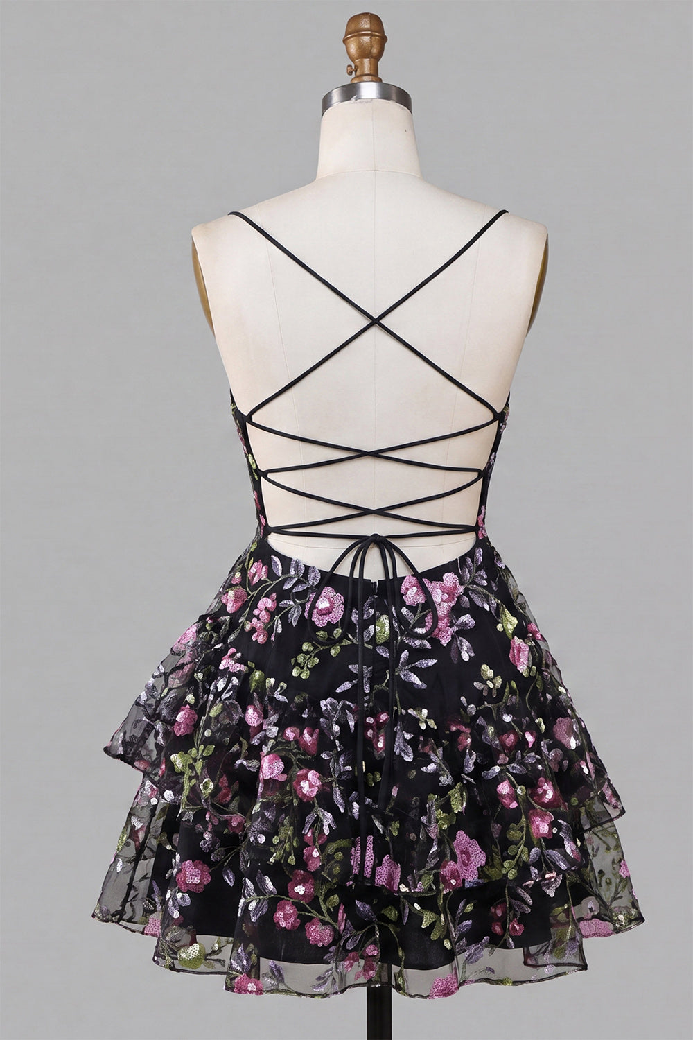 Black Floral A Line Tiered Short  Short Homecoming Dress