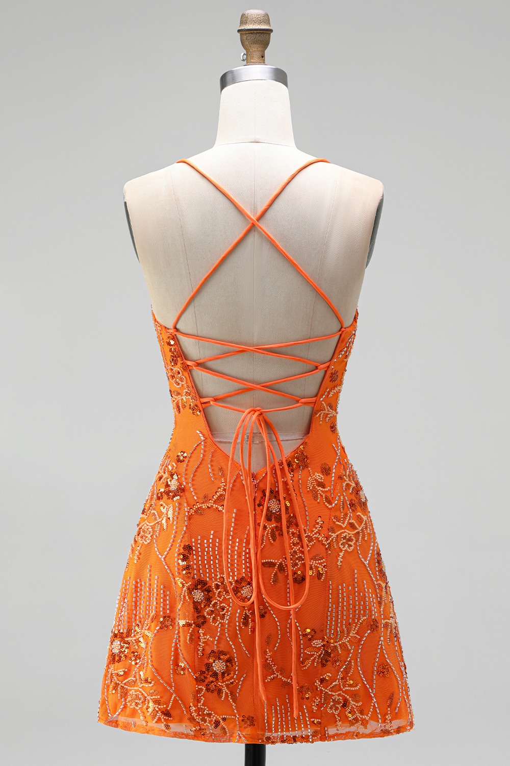 Floral Orange Sequin Sparkly Spaghetti Straps Short Birthday Dress