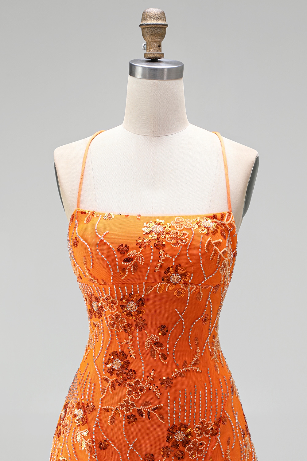 Floral Orange Sequin Sparkly Spaghetti Straps Short Birthday Dress
