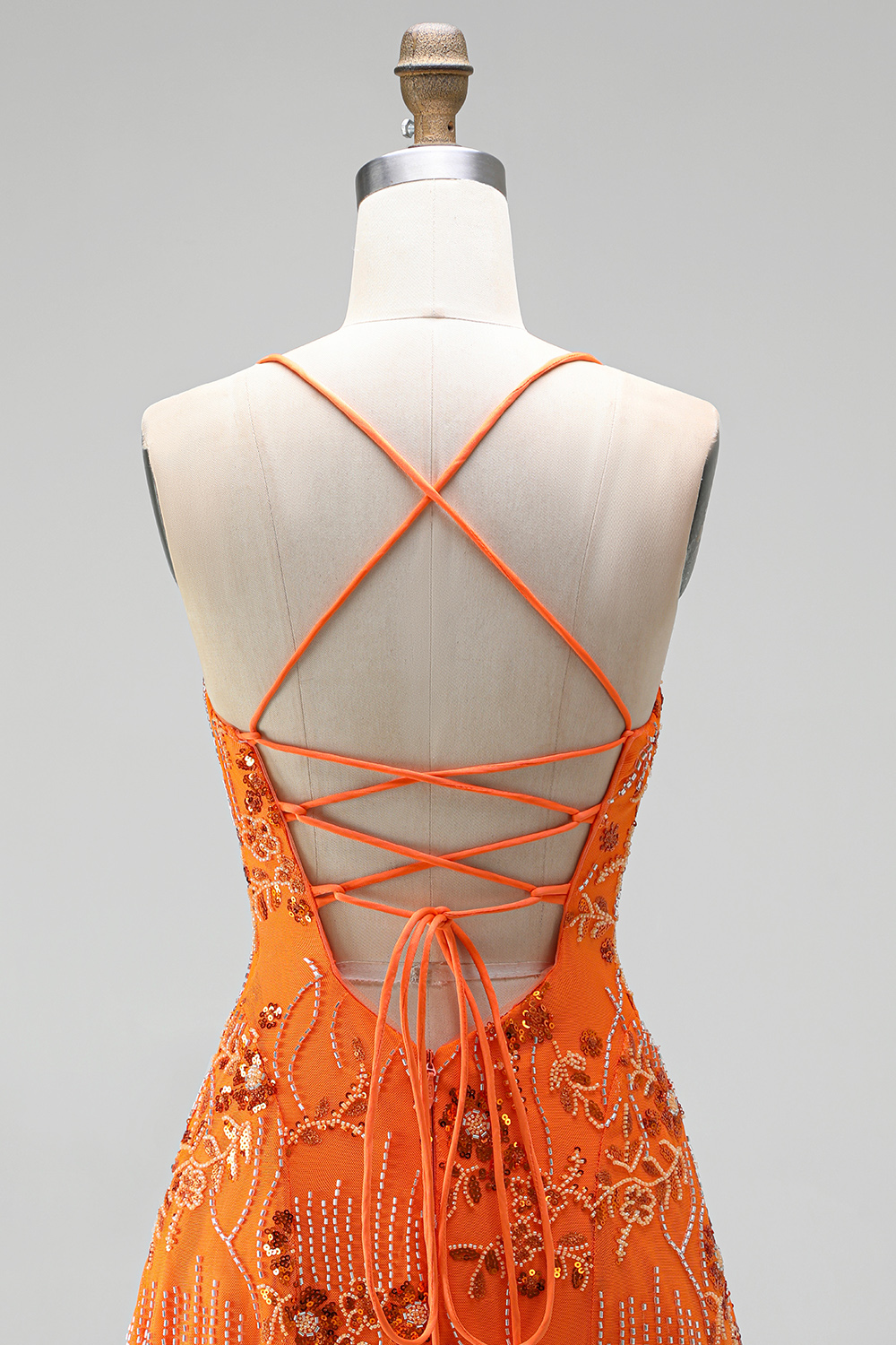 Floral Orange Sequin Sparkly Spaghetti Straps Short Birthday Dress