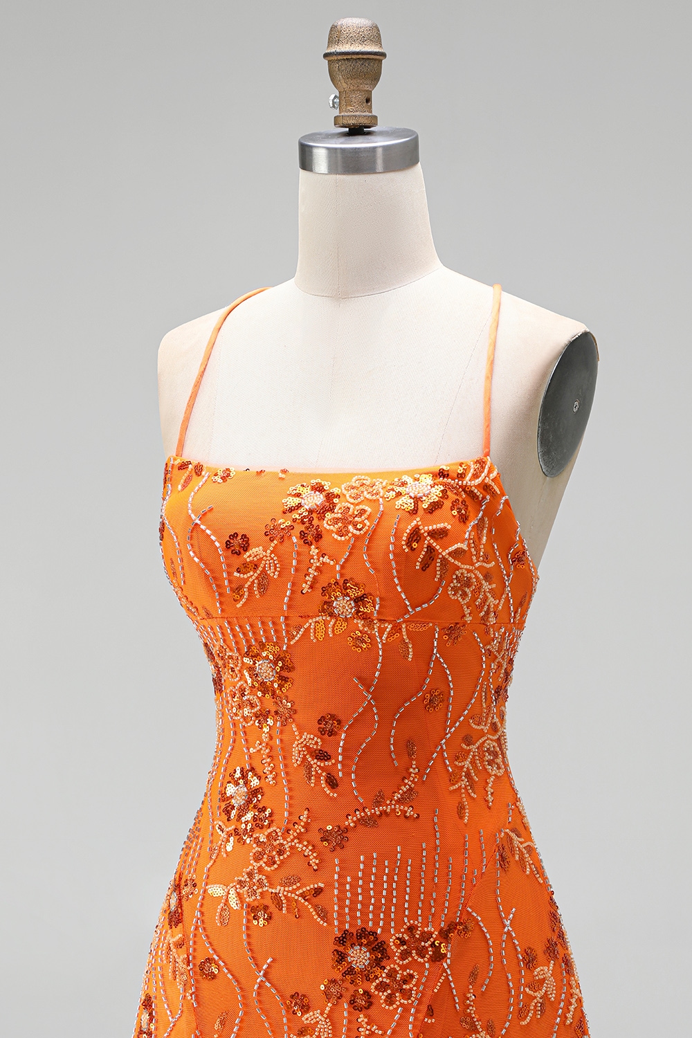 Floral Orange Sequin Sparkly Spaghetti Straps Short Birthday Dress