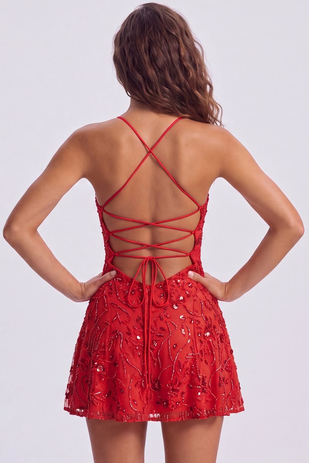 Floral Orange Sequin Sparkly Spaghetti Straps Short Birthday Dress