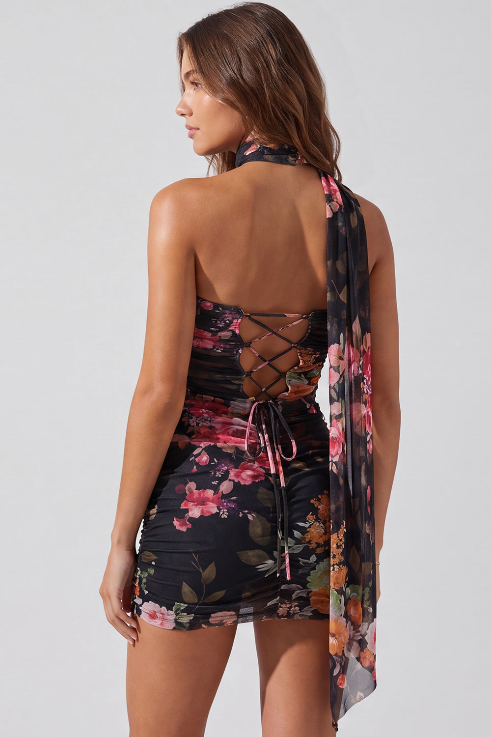 Floral Black Tight Strapless Short Birthday Dress with Neck Scarf