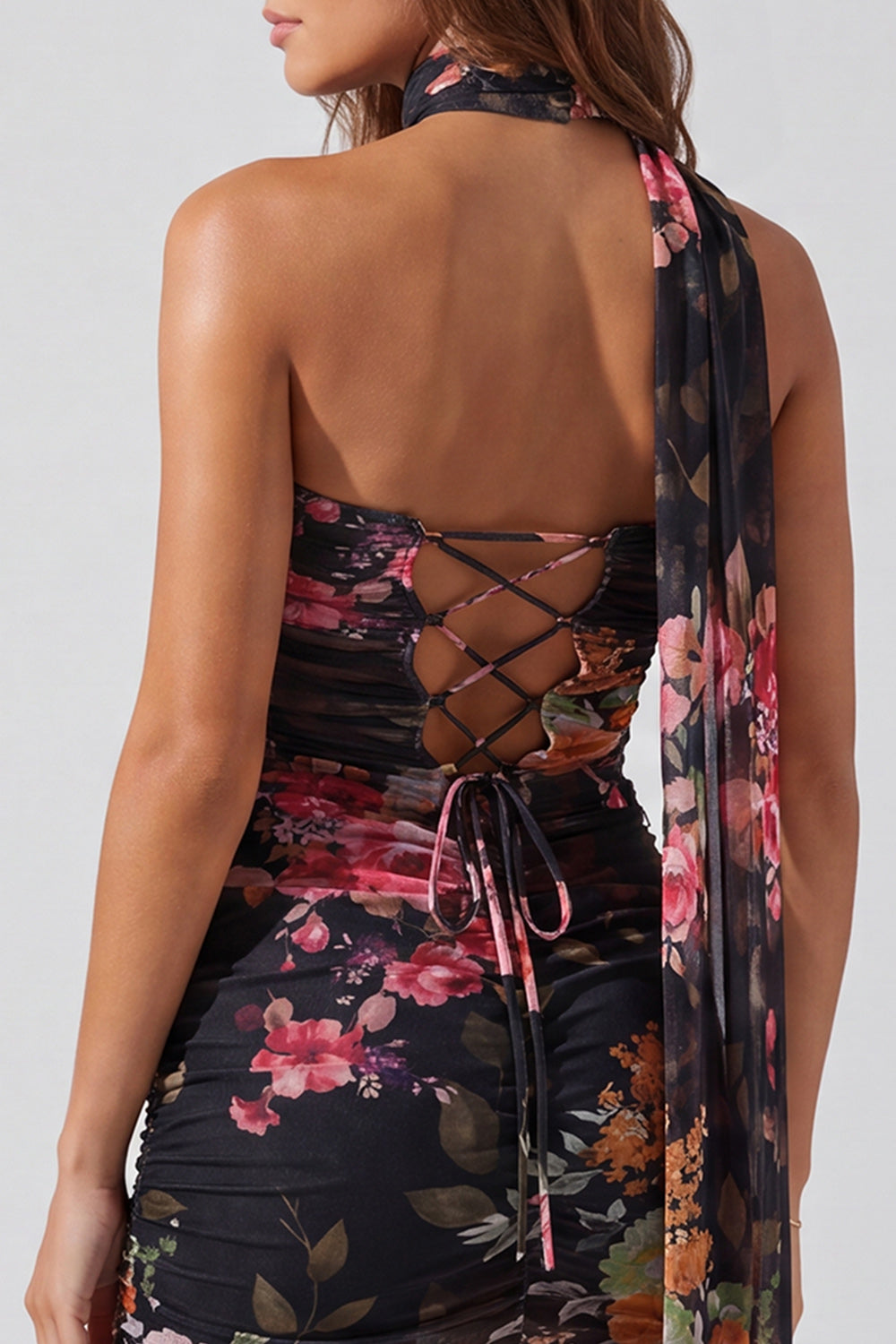 Floral Black Tight Strapless Short Birthday Dress with Neck Scarf