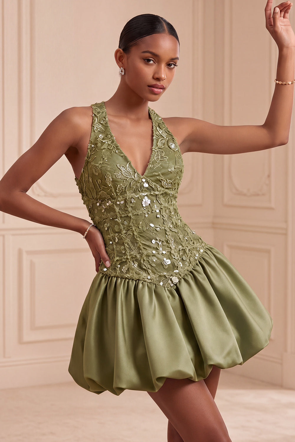 Blush Sequin A-Line V-Neck Appliqued Short Birthday Dress