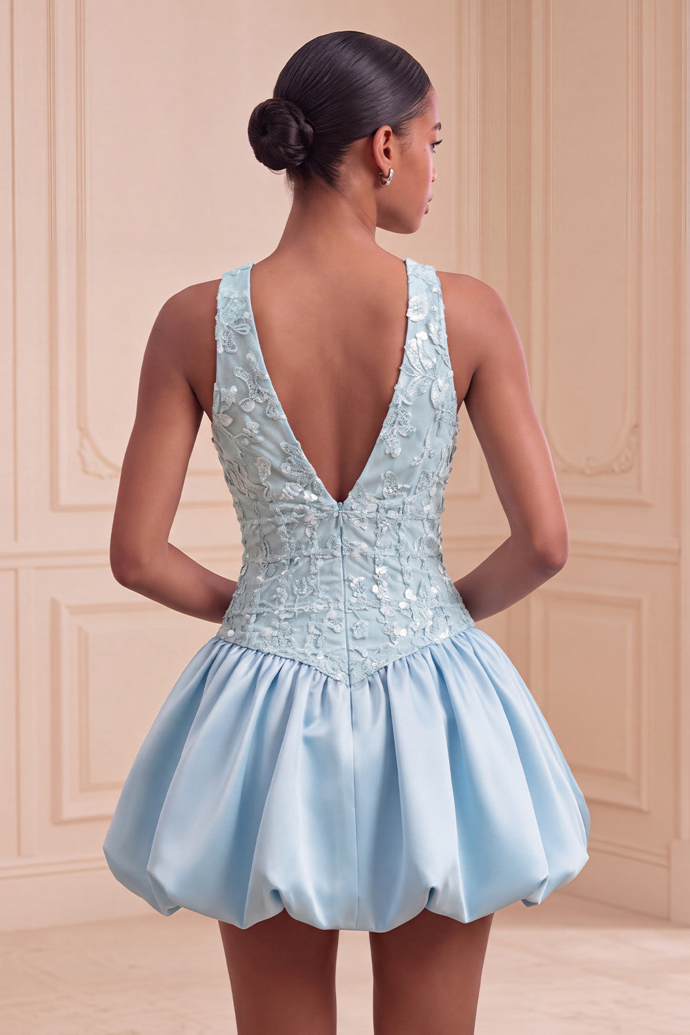 Blush Sequin A-Line V-Neck Appliqued Short Birthday Dress