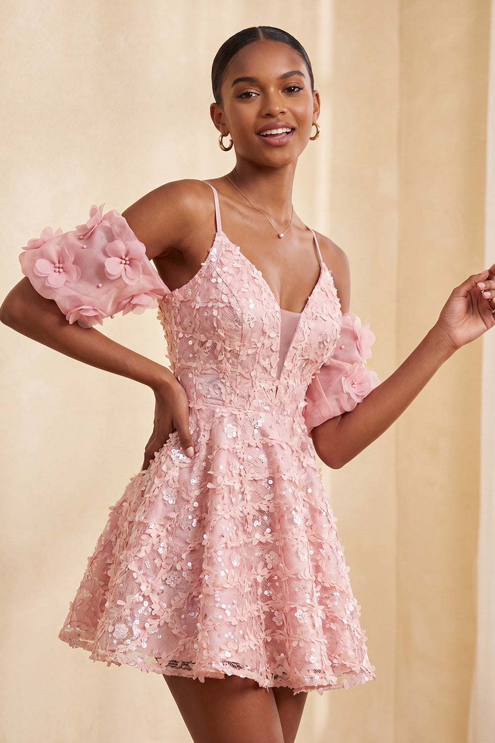 Light Blue Floral A-Line Cold Shoulder Puff Sleeves Short Corset Birthday Dress