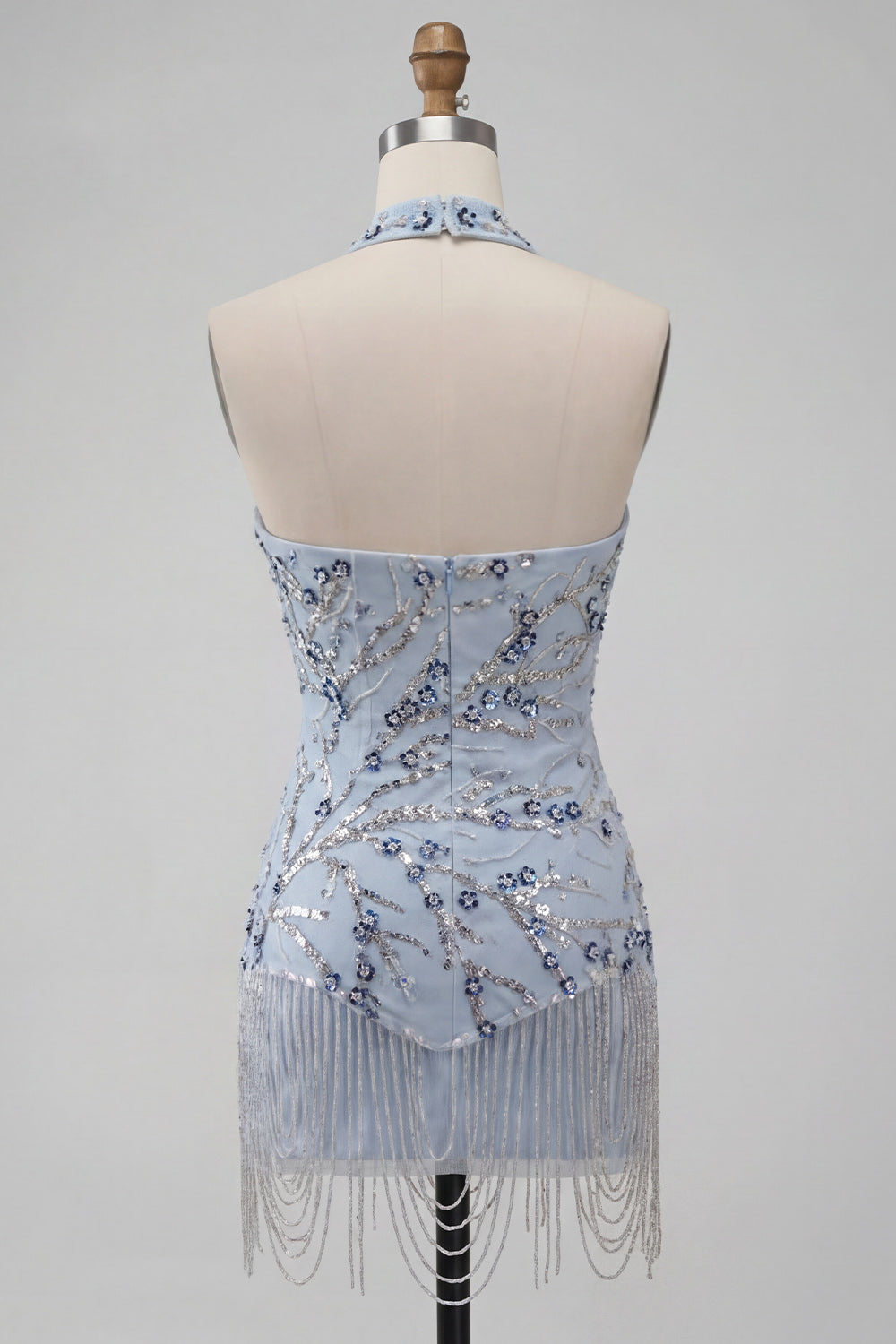 Sparkly Dusty Blue Sequins Tight Floral Fringed Short Birthday Dress