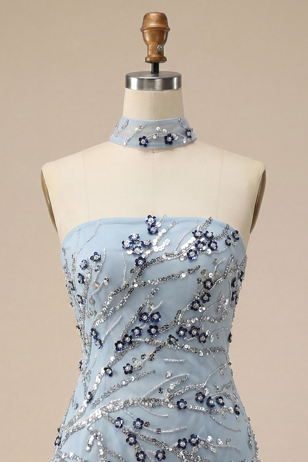 Sparkly Dusty Blue Sequins Tight Floral Fringed Short Birthday Dress