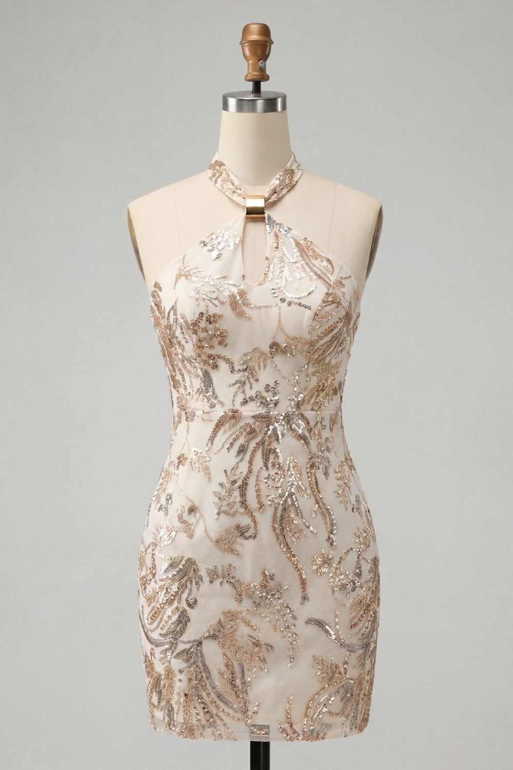 Sparkly Champagne Floral Sequin Halter Tight Short Birthday Dress