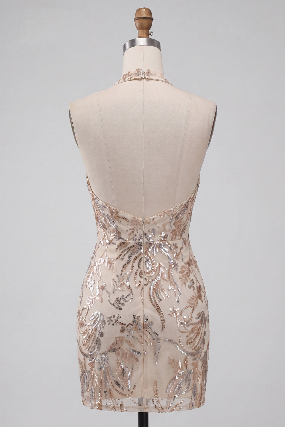 Sparkly Champagne Floral Sequin Halter Tight Short Birthday Dress