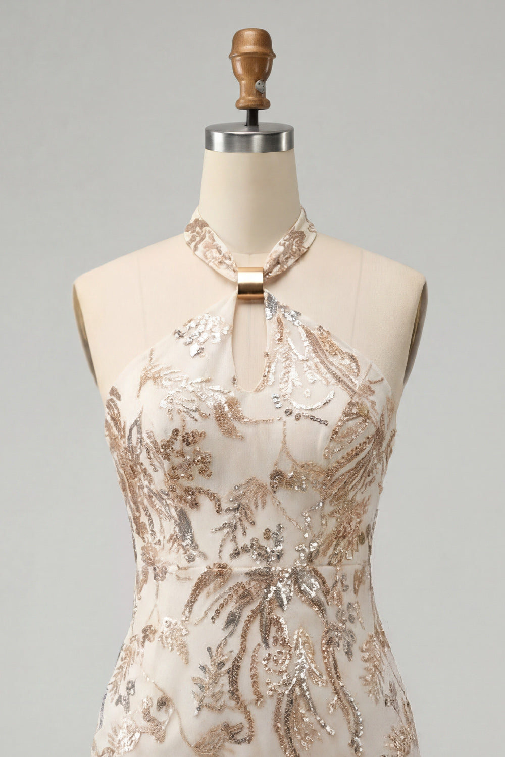 Sparkly Champagne Floral Sequin Halter Tight Short Birthday Dress