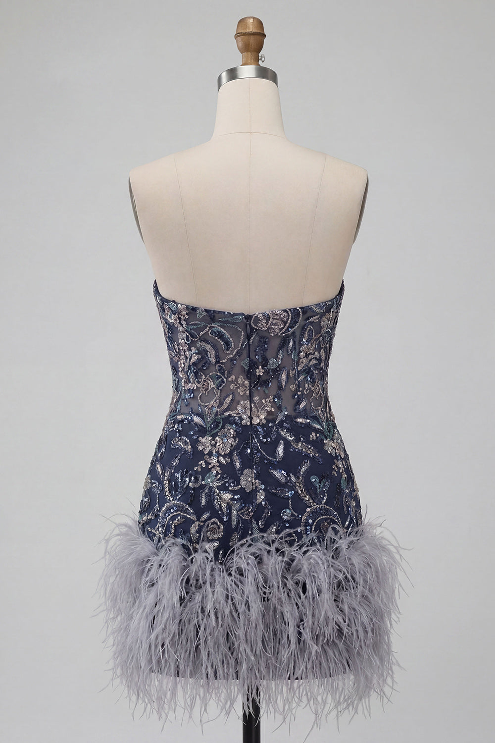 Navy Sparkly Short Floral Tight Beaded Birthday Dress with Feathers