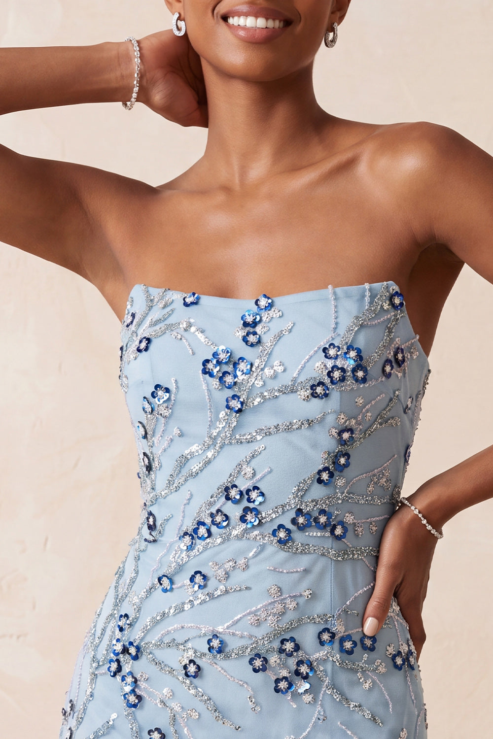 Sparkly Dusty Blue Tight Sequins Floral Short Birthday Dress with Fringes