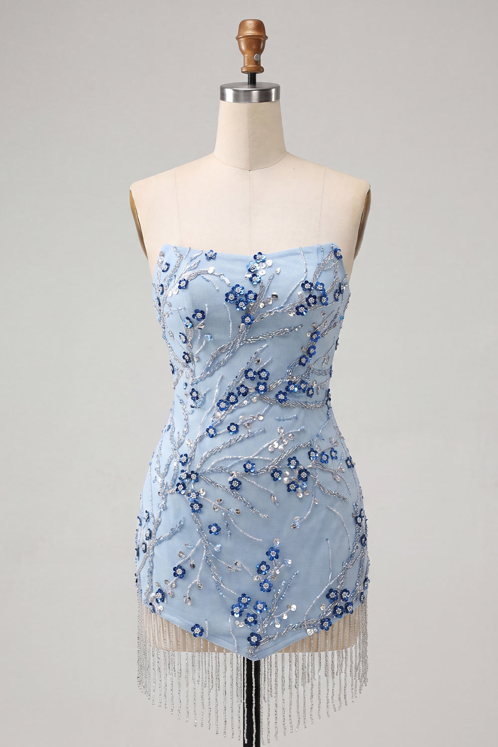 Sparkly Dusty Blue Tight Sequins Floral Short Birthday Dress with Fringes