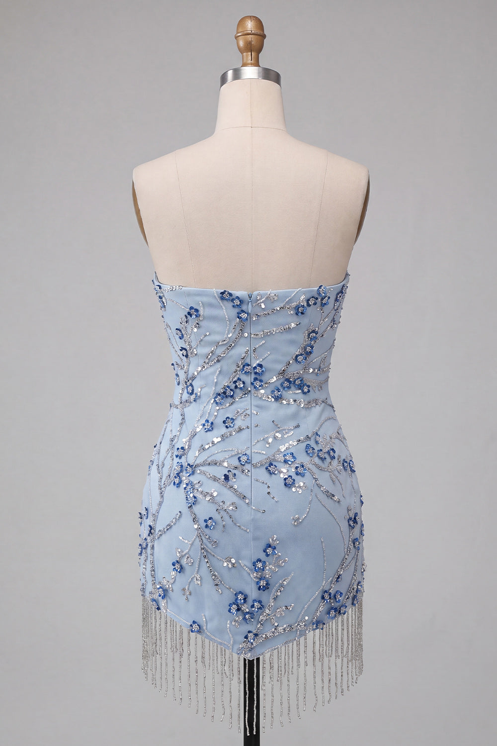 Sparkly Dusty Blue Tight Sequins Floral Short Birthday Dress with Fringes