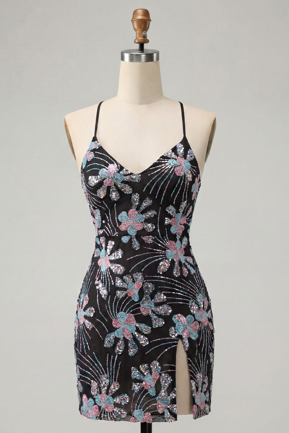 Sparkly Black Tight Floral Sequins Short Birthday Dress with Slit