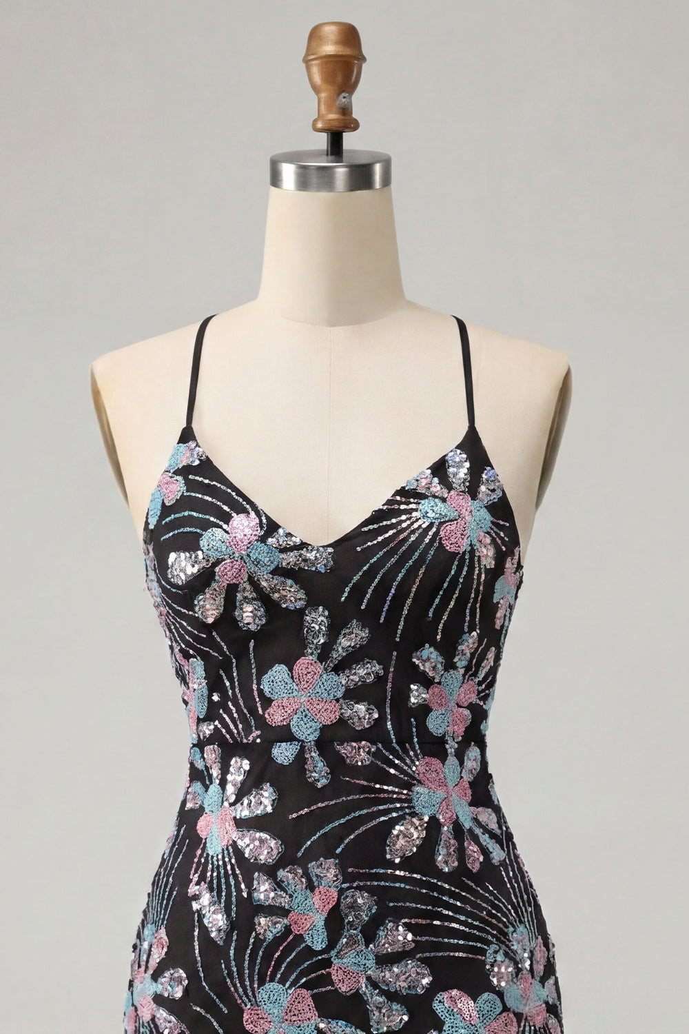 Sparkly Black Tight Floral Sequins Short Birthday Dress with Slit