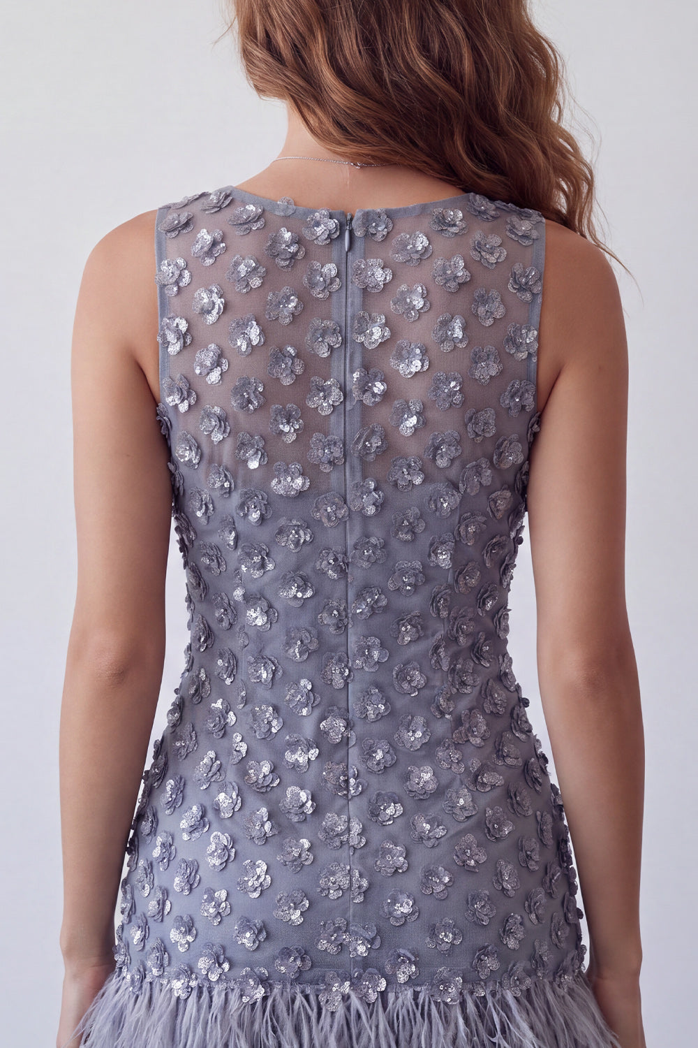 Sparkly Dusty Lavender Floral Tight Short Homecoming Dress with Feather