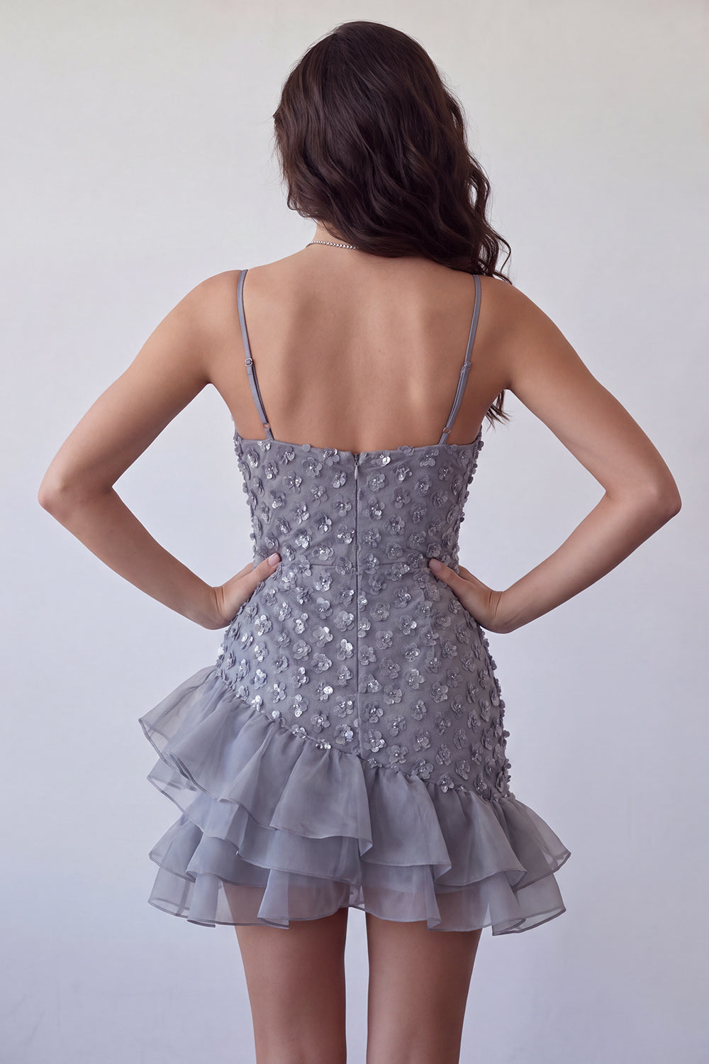 Dusty Lavender Floral Sequin Sparkly Tight Short Homecoming Dress with Ruffles