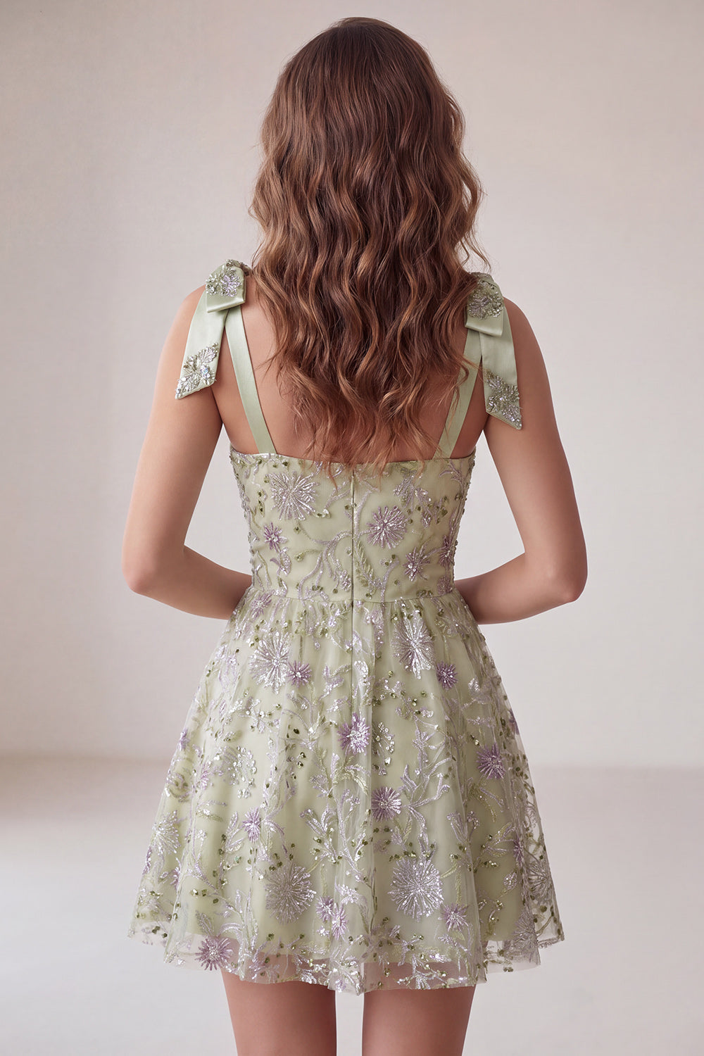 Sparkly A-Line Floral Dusty Sage Short Beaded Homecoming Dress with Bows