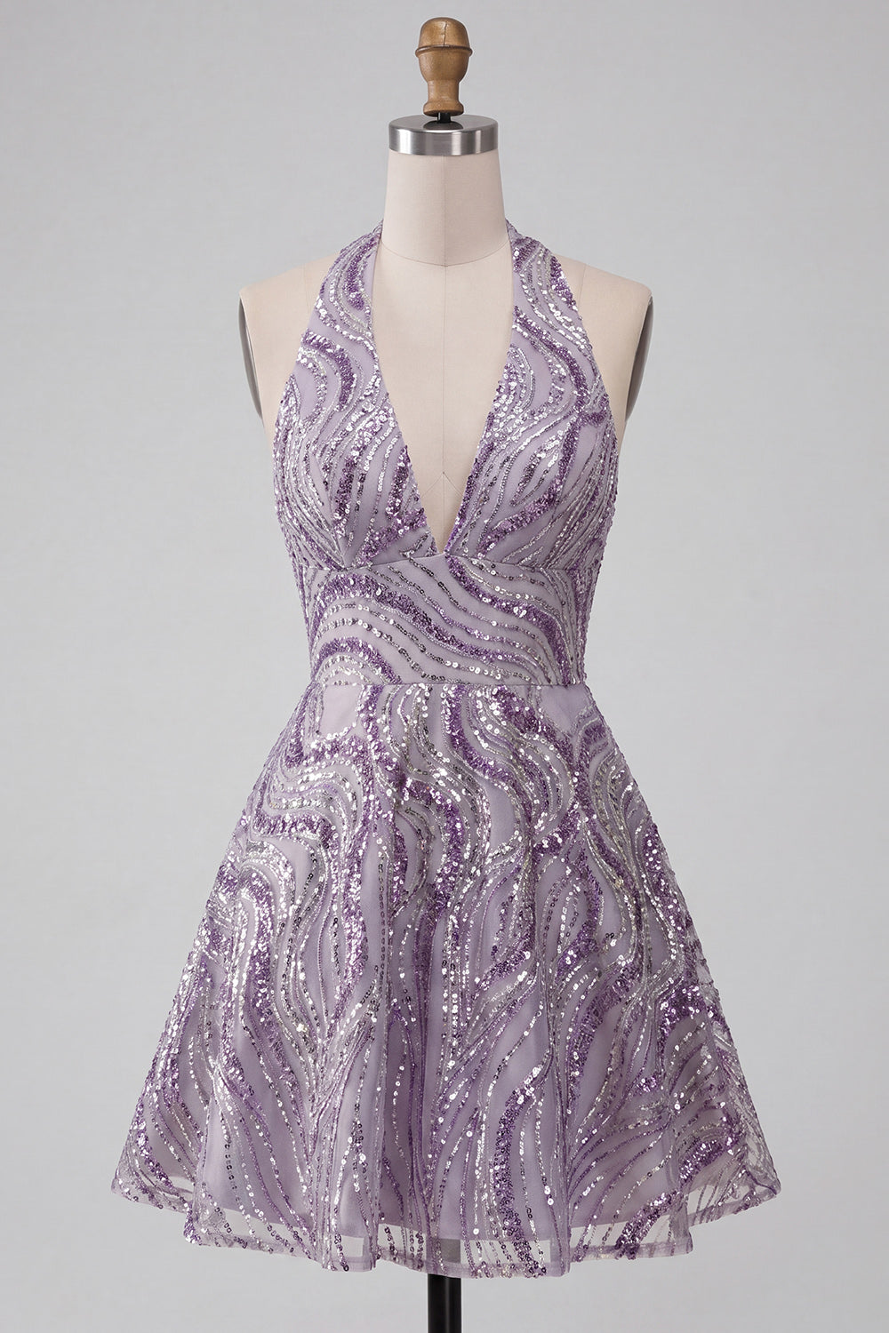 Sparkly Halter Lilac A-Line Short Sequin Homecoming Dress