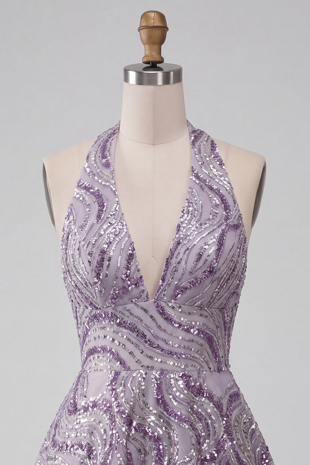 Sparkly Halter Lilac A-Line Short Sequin Homecoming Dress