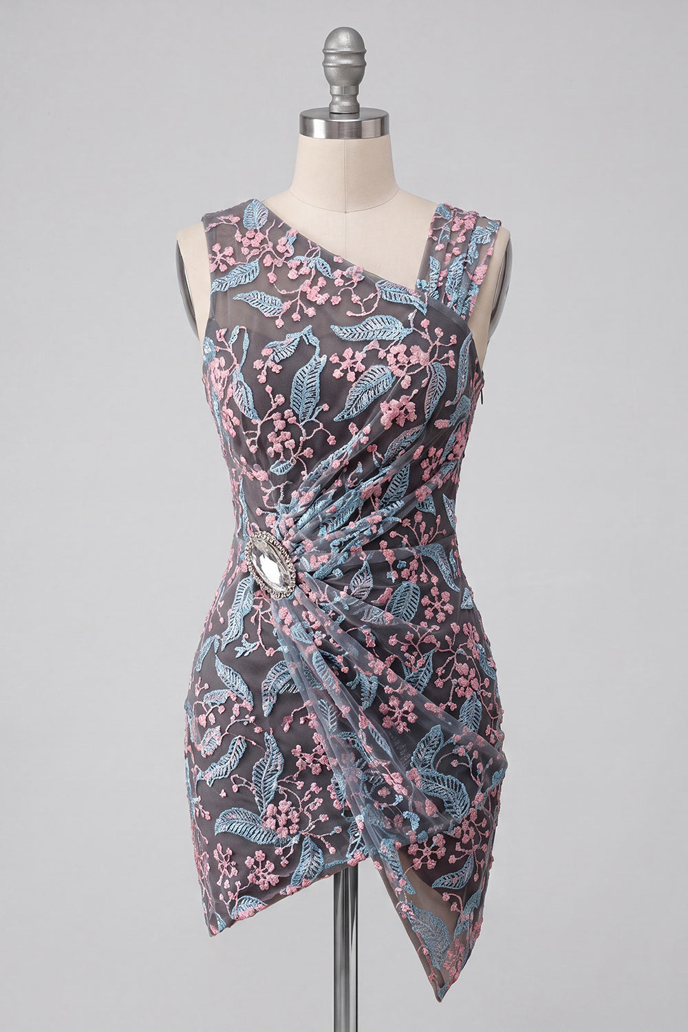 Floral Black Tight Ruched Short Homecoming Dress with Rhinestone
