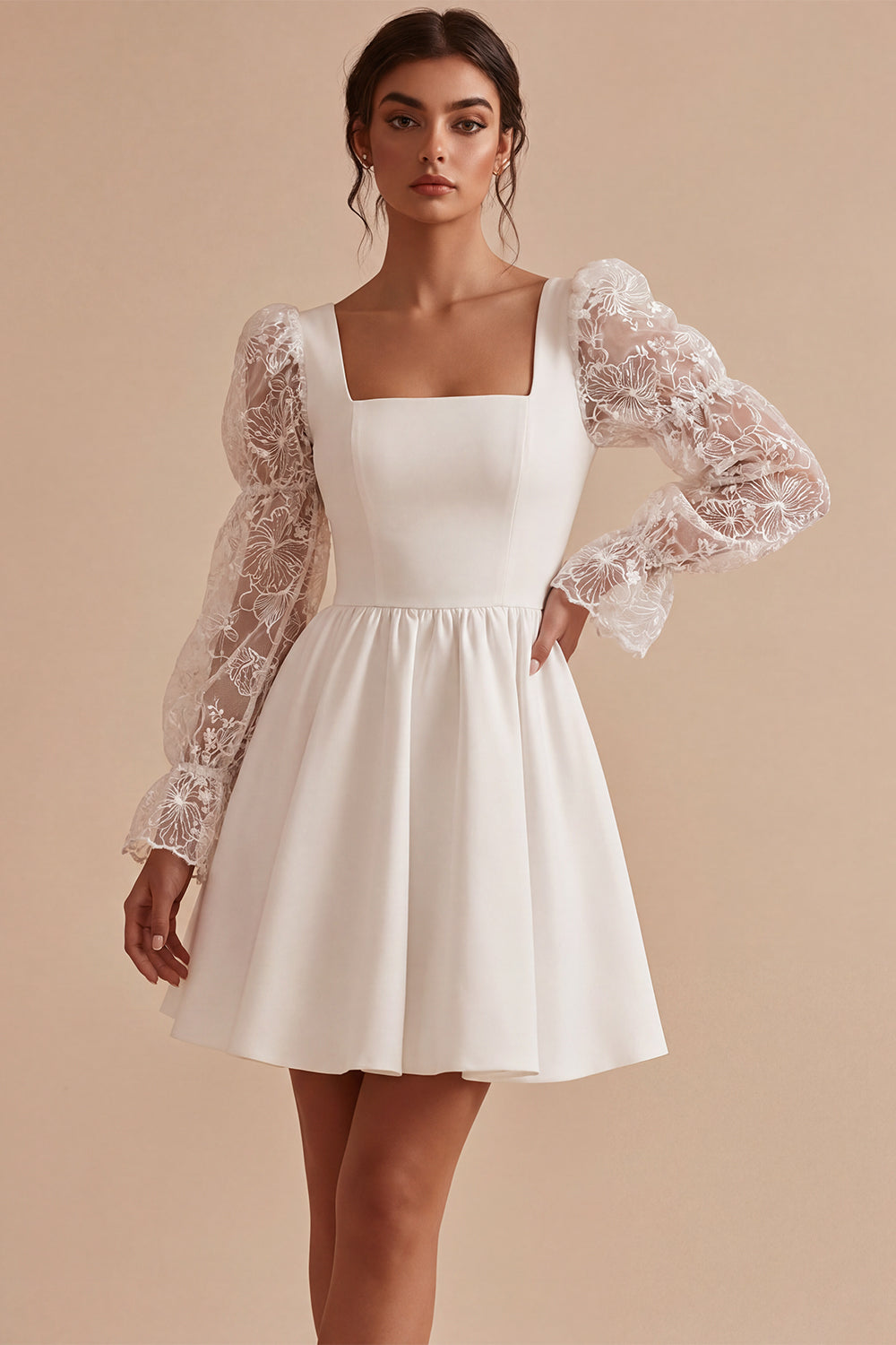 White A-Line Square Neck Lace Puff Sleeves Short Birthday Dress
