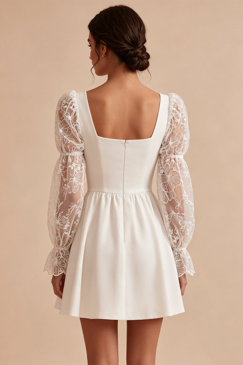White A-Line Square Neck Lace Puff Sleeves Short Birthday Dress