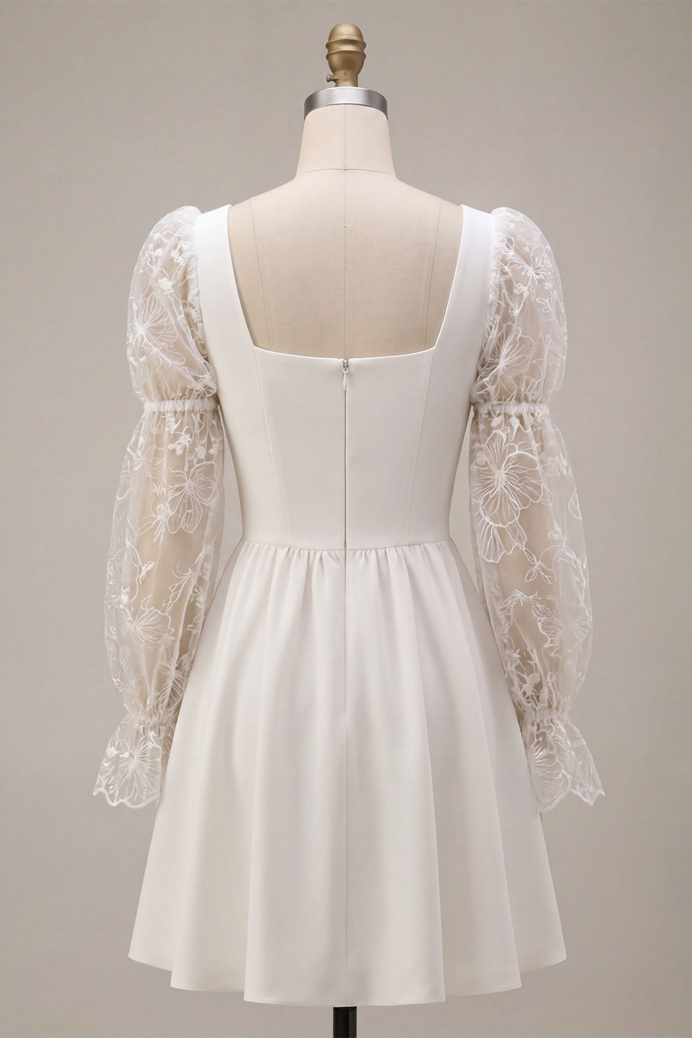 White A-Line Square Neck Lace Puff Sleeves Short Birthday Dress
