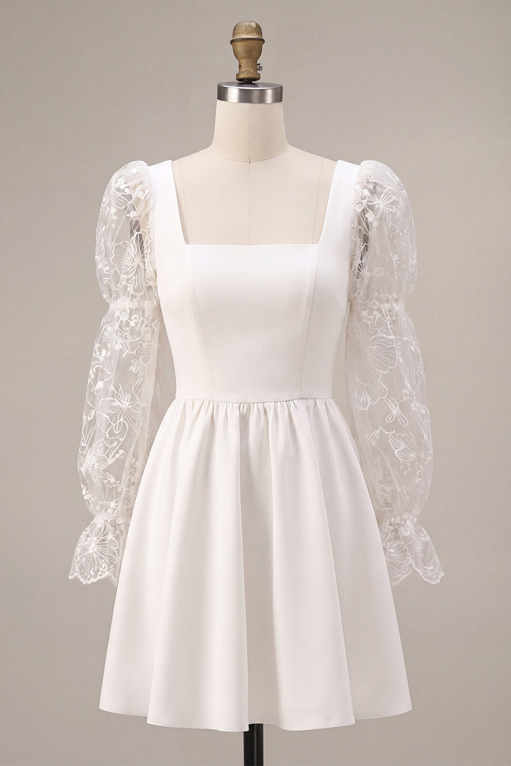 White A-Line Square Neck Lace Puff Sleeves Short Birthday Dress
