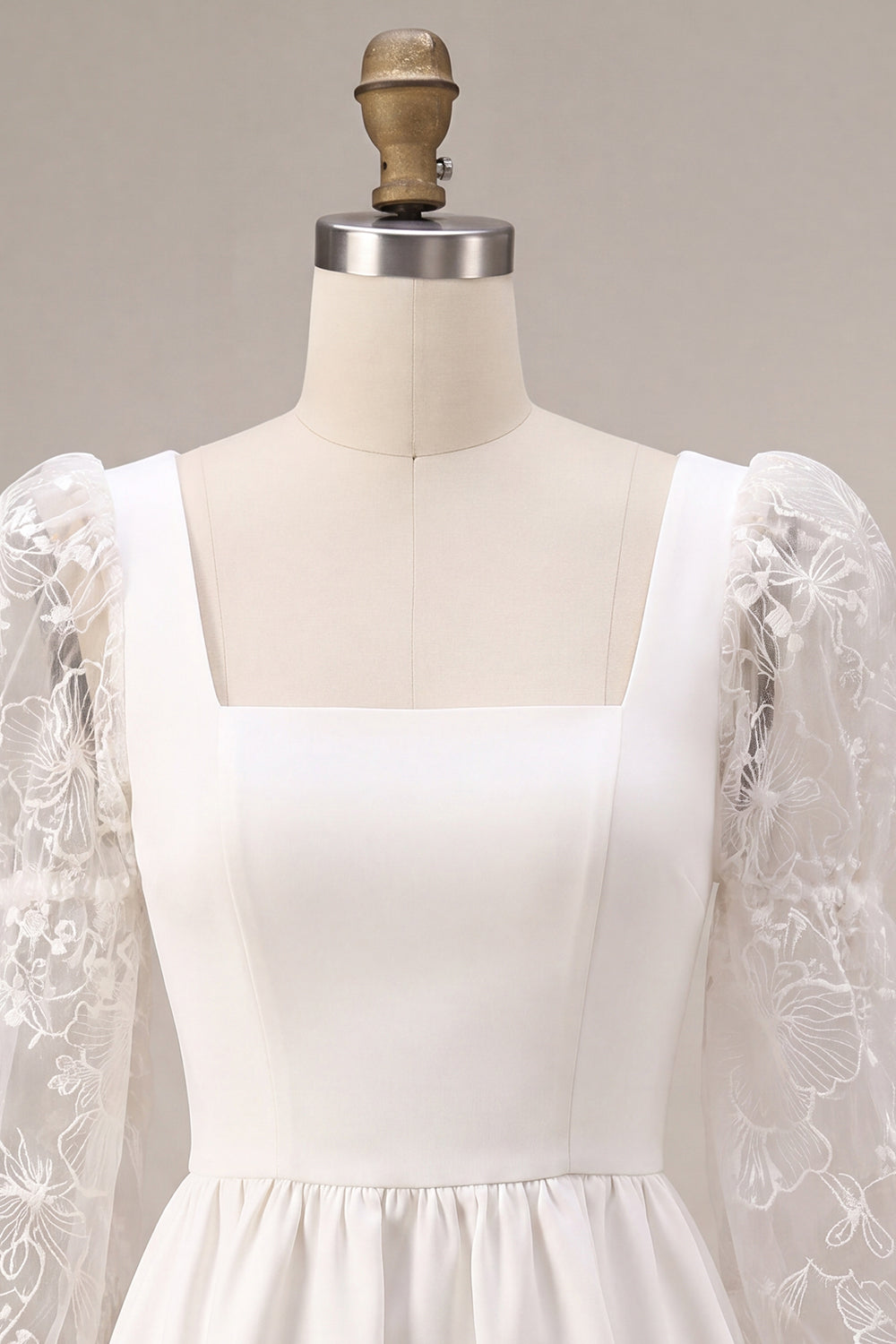 White A-Line Square Neck Lace Puff Sleeves Short Birthday Dress