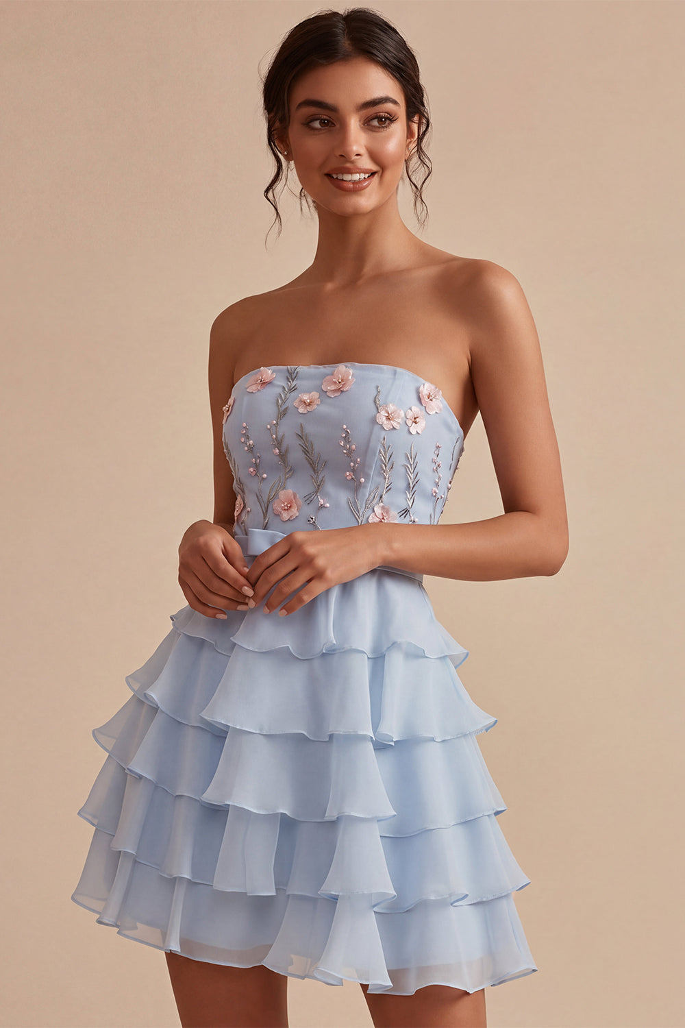 Sky Blue Floral A Line Ruffled Tiered Short Birthday Dress with Bow