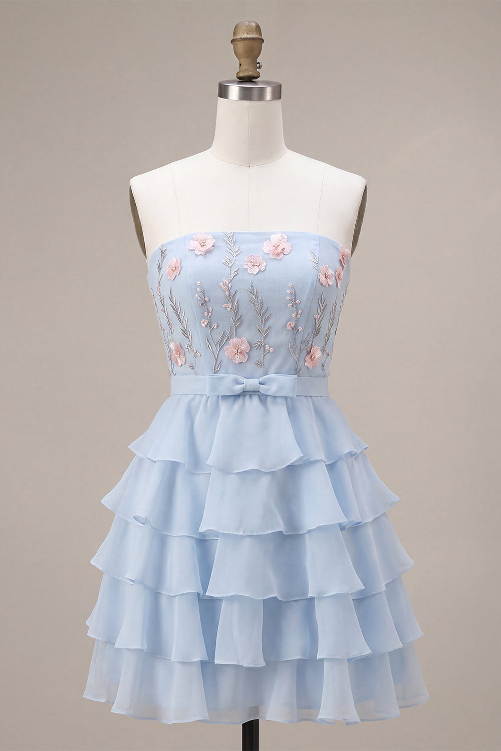 Sky Blue Floral A Line Ruffled Tiered Short Birthday Dress with Bow