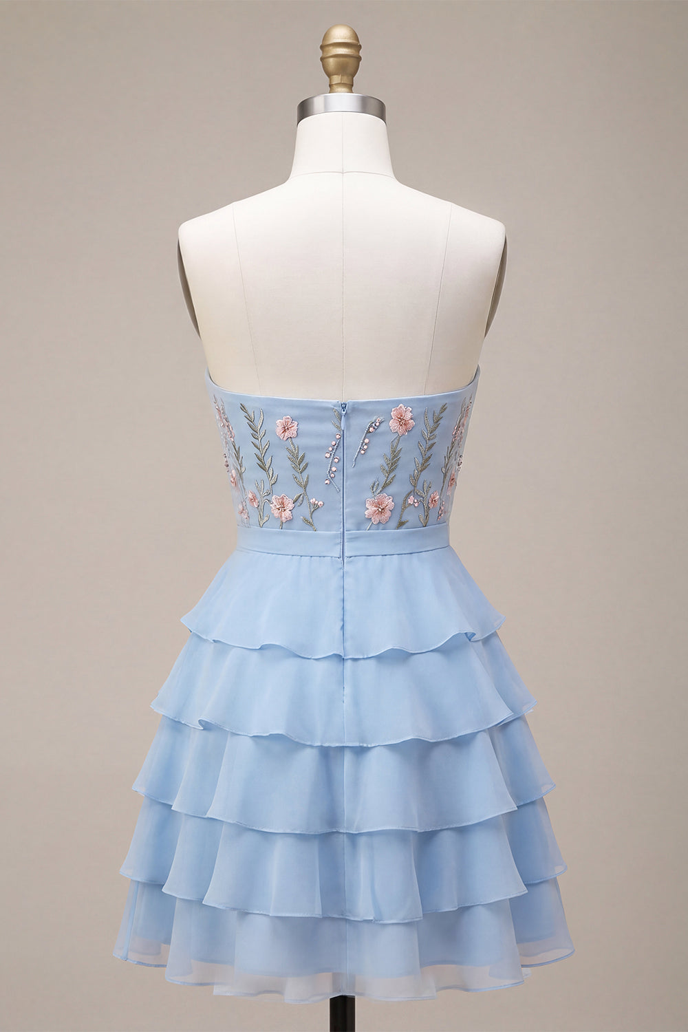 Sky Blue Floral A Line Ruffled Tiered Short Birthday Dress with Bow