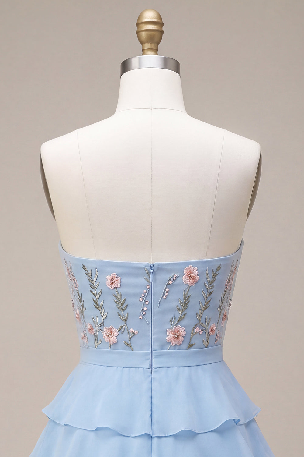 Sky Blue Floral A Line Ruffled Tiered Short Birthday Dress with Bow