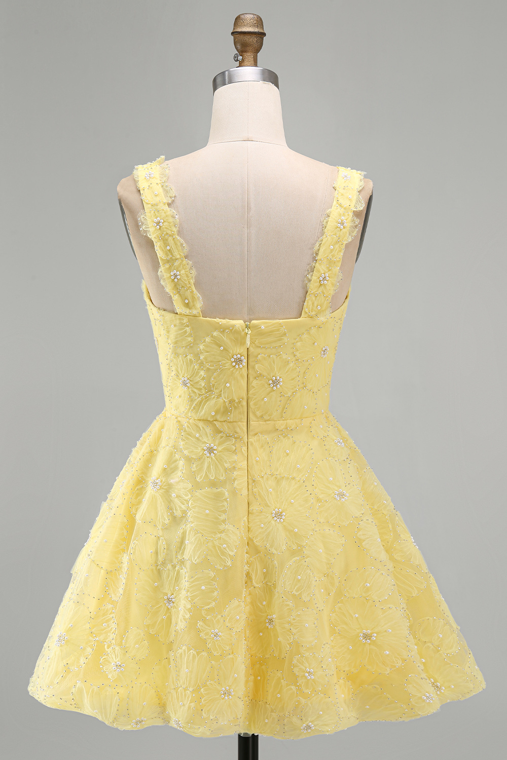 Light Yellow Floral A Line Bubble Beaded Short Birthday Dress