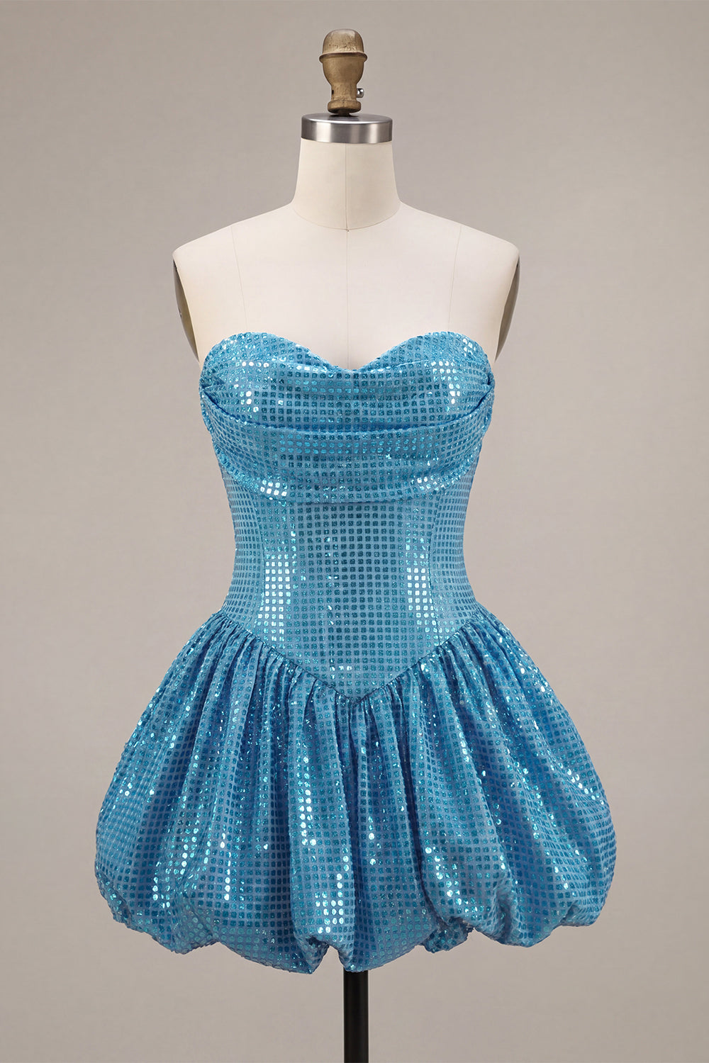 Sparkly Blue A Line Strapless Sequin Bubble Short Birthday Dress
