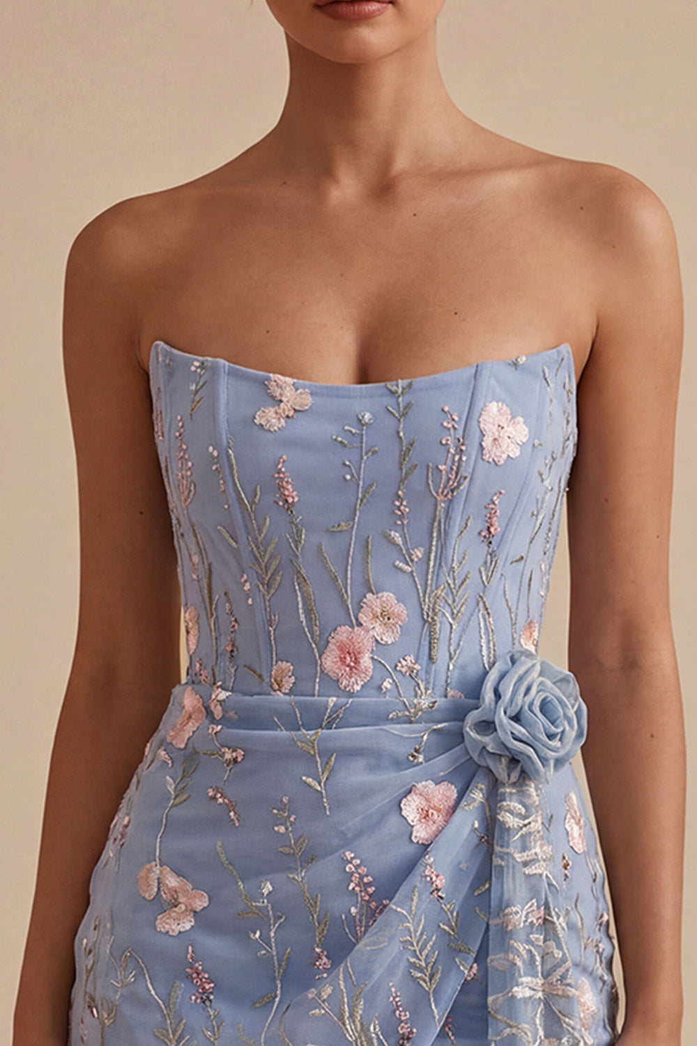 Light Blue Strapless Tight Floral Beaded Short Birthday Dress