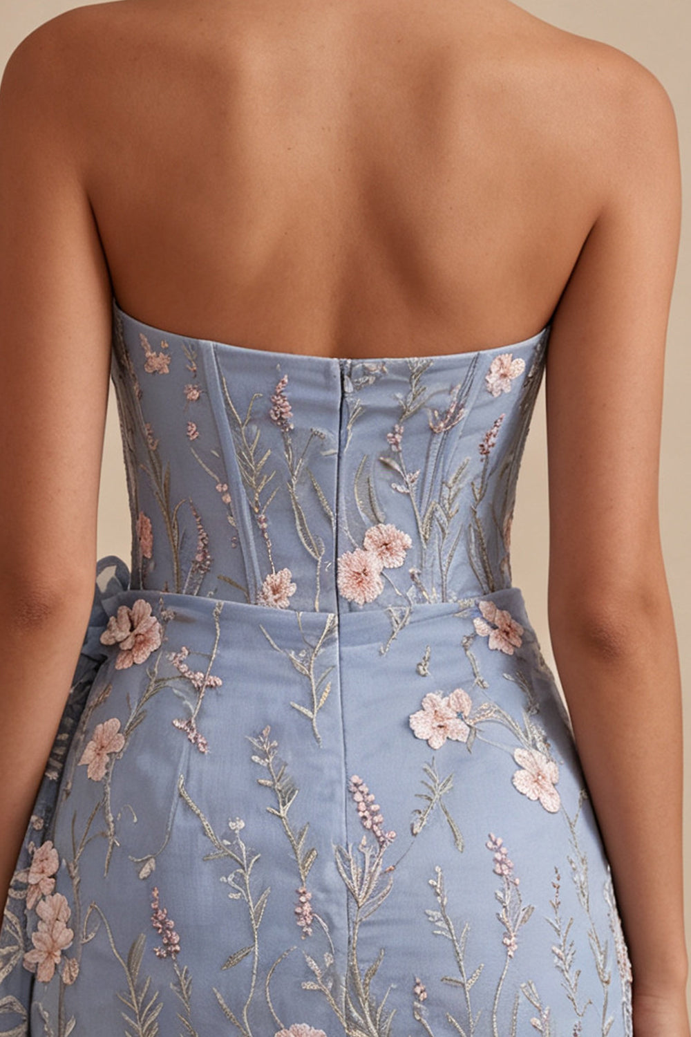 Light Blue Strapless Tight Floral Beaded Short Birthday Dress