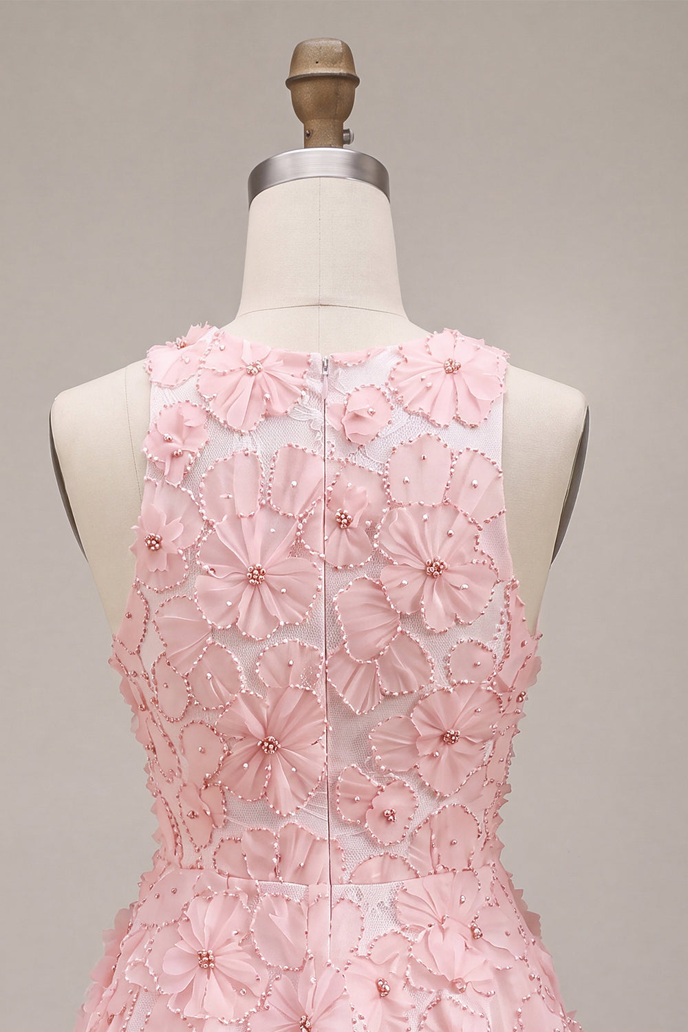 Pink Round Neck Floral A Line Beaded Short Birthday Dress