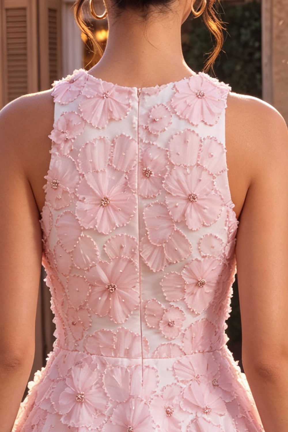 Pink Round Neck Floral A Line Beaded Short Birthday Dress