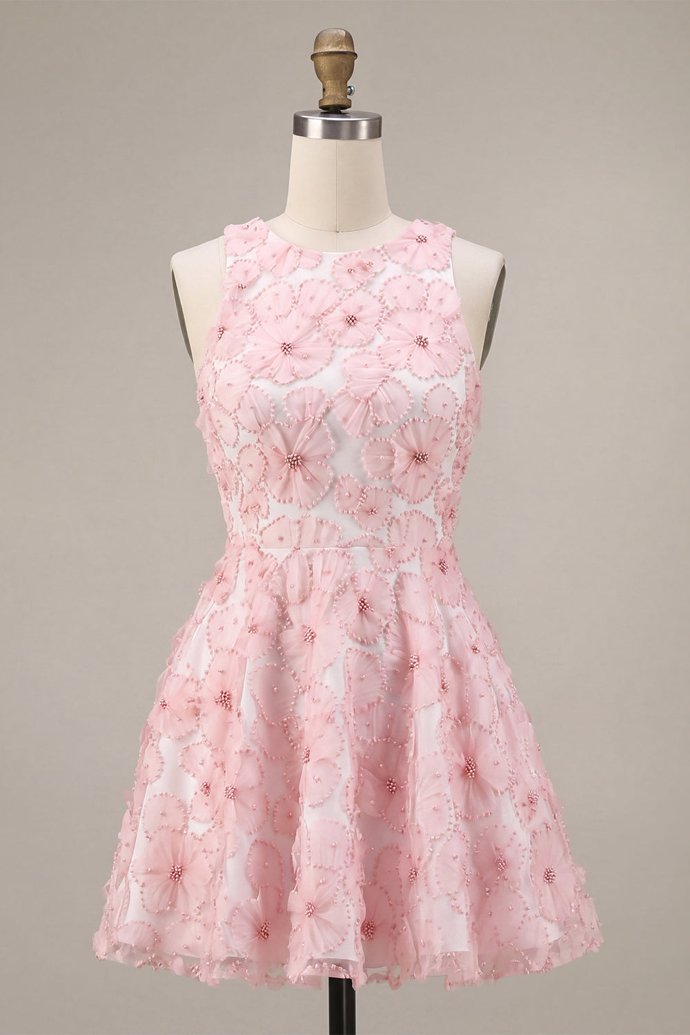 Pink Round Neck Floral A Line Beaded Short Birthday Dress